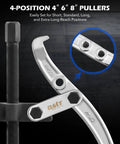 Gear Puller Set, 3" 4" 6" 8" Bearing Puller Kit, showing 4-position pullers with reversible jaws, pulley removal tool.