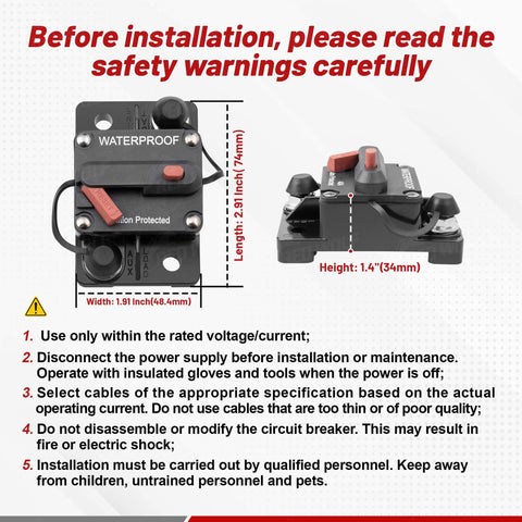 Front and side view of 40 Amp DC Circuit Breaker With Manual Reset And Inline Fuse Holder For Inverter And Automotive Or Marine Use.
