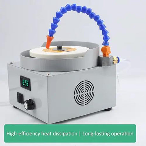 Heavy Duty 24V Wet Bench Grinder Featuring Kickass Bidirectional Rotation And Three Premium Diamond Discs For Slick Metal Glass Jade Polishing with integrated cooling system.
