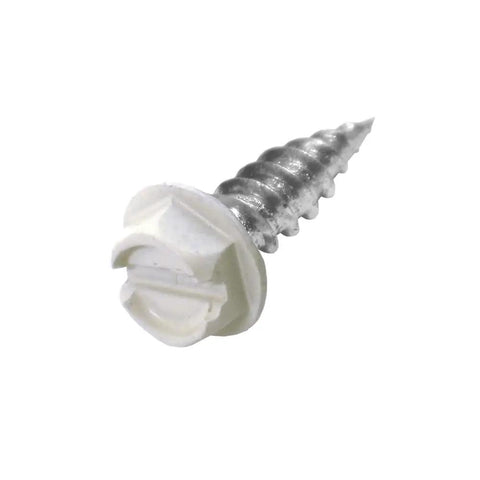 Top Shelf Sheet Metal Screws 1/2 Inch Length 100 Pack Self Tapping Fasteners With Built In Washer Head Sleek White Finish close-up view