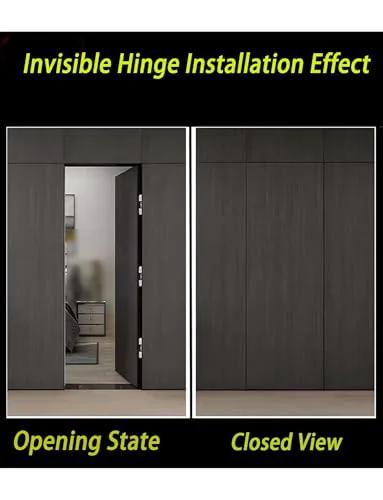 Adjustable 180 Degree Silent Concealed Hinge for Wooden Folding Doors with Invisible Cross Hinge installed in opening and closed states.