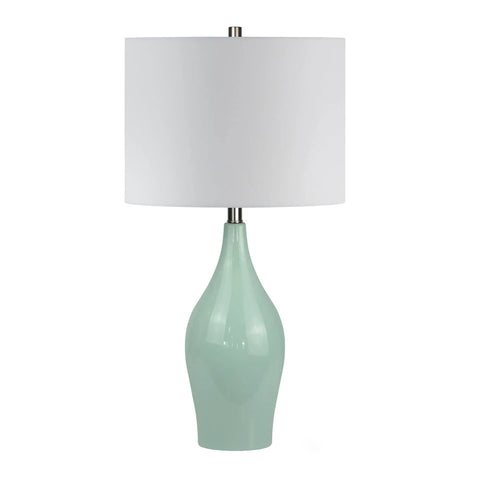 28.25 Inch Tall Porcelain Table Lamp With Teal And Taupe Two Tone Finish, White Linen French Drum Shade, Durable Lining