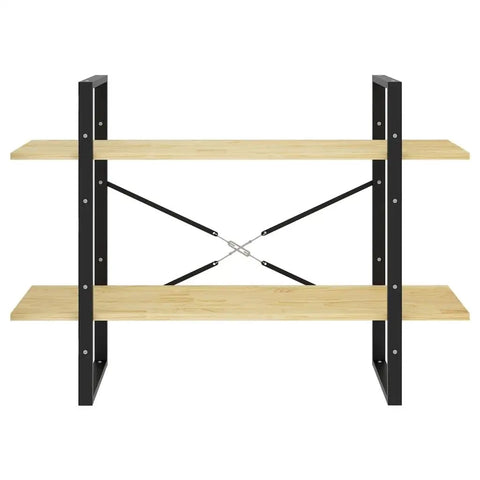 Two-Tier Pine Wood Book Cabinet for Home Office Storage, Rugged Industrial Style Bookshelf With Solid Shelves and Black Metal Frame