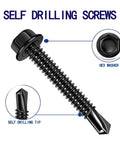 Illustration of a hex washer head self drilling screw highlighting features, 100pcs 410 Stainless Steel #10x1-1/4, black oxide, for metal plates.