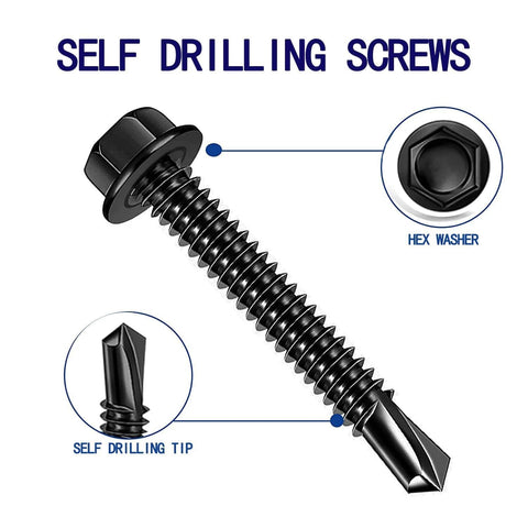 Illustration of a hex washer head self drilling screw highlighting features, 100pcs 410 Stainless Steel #10x1-1/4, black oxide, for metal plates.