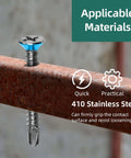 Close-up of 400pcs #10 x 5/8 410 Stainless Steel Flat Head Self Drilling Screws, bright finish, installed in metal surface, showing grip.