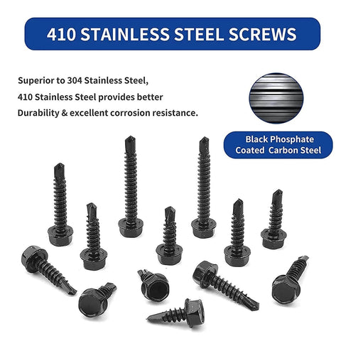 100pcs 410 Stainless Steel #8x1/2 Hex Washer Head Self Drilling Screws, Black Oxide Self Tapping Tek Screws for Metal Plates