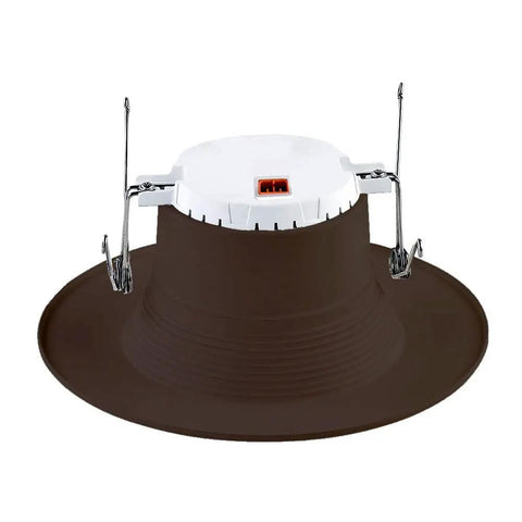 Bronze Trim Integrated LED Recessed Ceiling Light Five To Six Inch Retrofit Kit, side view, showing bronze trim and mounting clips.