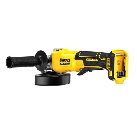 Rock Solid 20V Max Brushless Cordless Angle Grinder With 4 Inch Guard and responsive paddle switch, ideal for demolition.