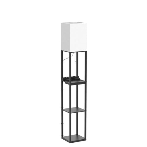 Modern Dimmable Solid Wood Floor Lamp With Shelf And Drawer Two USB Ports And Two Power Outlets Super Handy Corner Tall Bookshelf Lamp in black finish