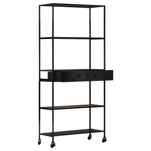 Tall Industrial Book Cabinet With Solid Mango Wood Shelves And Iron Frame, 4 Tier Rustic Display Bookcase In Black With Drawer