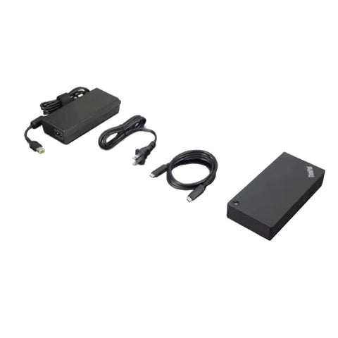Thunderbolt 4 Workstation Dock Serving Up 230W Power And Seamless 4K Video Paired With Adjustable Monitor Stand Wireless Keyboard And Mouse, includes dock and cables.