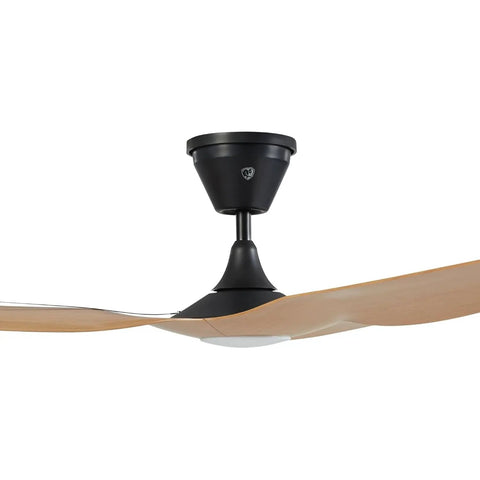 Built Tough Smart Outdoor Ceiling Fan Marine Coastal Grade Wet Rated Salt Resistant Storm Ready with matte black motor and wooden blades.