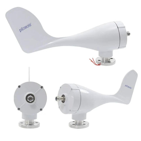 400W 12V Wind Turbine Kit With Five Blades And Charge Controller For Marine RV Or Home Use, side and front view, white body