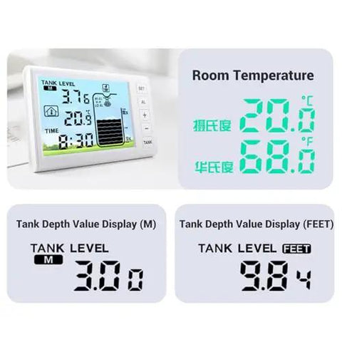 Liquid Level Sensor With Digital Readout And Wireless Transmitter Receiver For Water Tanks, screen showing depth and temperature.
