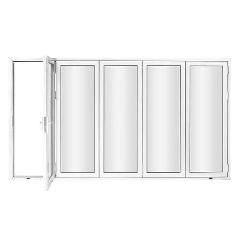 Five Panel Aluminum Folding Glass Door In White With Low E Tempered Glass And Heavy Duty Rollers, opened view.