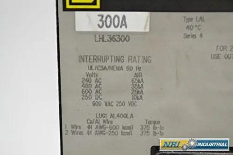 Heavy Duty Badass 3 Pole 300A 600V Molded Case Circuit Breaker label showing interrupting ratings and specifications.