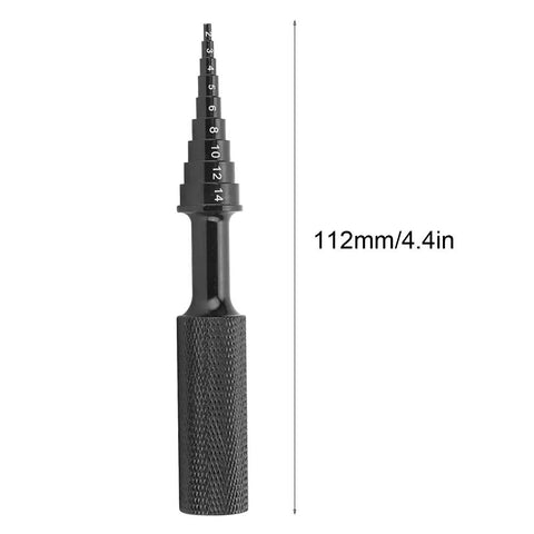 Badass RC Bearing Removal Tool 2 To 14 Millimeter Aluminum Alloy Steering Hub Carrier Disassembly Kit Non Slip Grip Extractor For Remote Control Cars Black showing pointed tip and measurement.