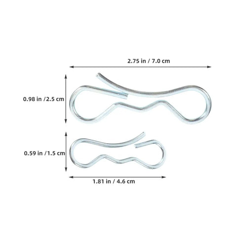Bow Tie Lock Cotter Pins And Deck Clip Fasteners Assortment Kit, two silver cotter pins with dimensions in inches and centimeters.