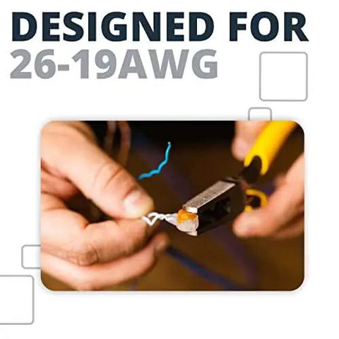 Hands using wire strippers on a wire designed for 26-19 AWG, featuring Heavy Duty Presslok Connectors And Splice Terminals 5000 Pack.