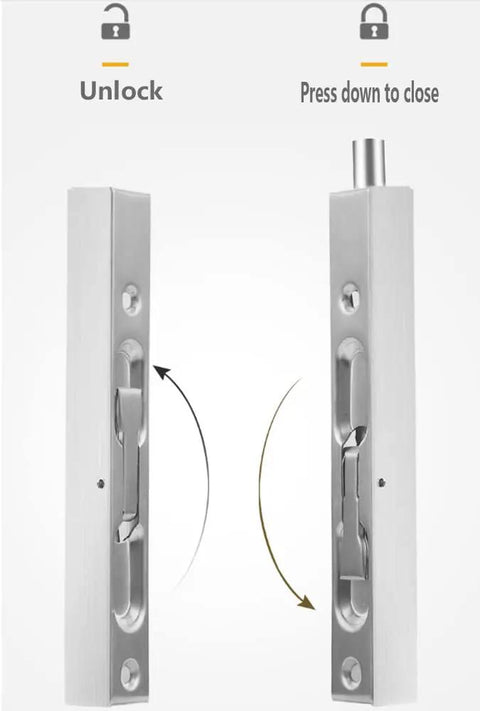 Legit Heavy Duty Double Door Flush Latches Slick Concealed Bolt Kit Brushed Silver Stainless Steel showing unlock and close mechanisms.