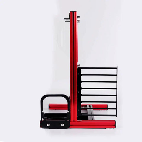 Side view of a red open-air PC case frame, compatible with ATX, m-ATX, ITX boards, featuring water cooling mounts and 7 PCI slots.