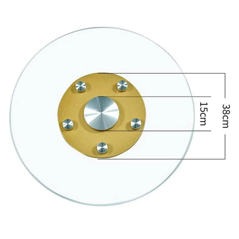 Flawless Finish Tempered Glass Lazy Susan And Smooth Gliding Rotating Serving Tray with gold base, 38cm diameter, 15cm center.