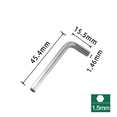 Four Piece Collet Wrench Kit For Dremel Rotary Tools showing stainless L-shaped Allen wrench dimensions, 1.5mm key size.