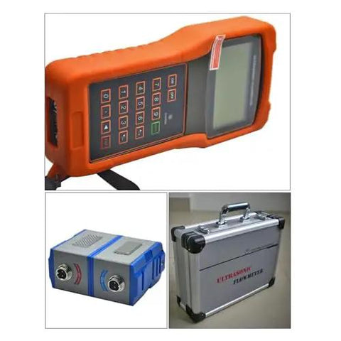 Portable Ultrasonic Flow Meter For Liquids With High Sensitivity And Digital Readouts No Contact Measurement Compact Design For Home Office Or Field Use RS232 Clamp Sensor Included Easy To Use On The Go with orange device and case