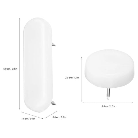 Easy Install Plastic and Iron Furniture Glides for Hard Floors, showing round and oval designs with dimensions labeled