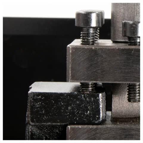 Metal woodturning tool rest clamp with adjustment screws; black steel body and chrome bolts.