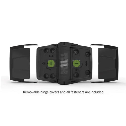 TruClose Multi Adjust Tough Built To Last Gate Hinges black 2 pack with removable hinge covers and fasteners visible
