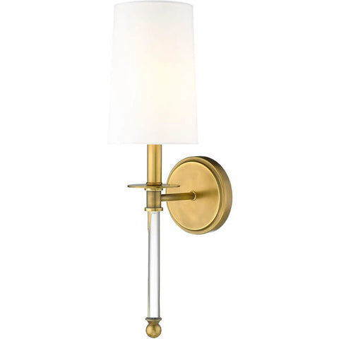 One Light Wall Sconce 808-1S-RB-WH Brass Finish with white shade, coastal style for bathrooms, hallways, and bedrooms.