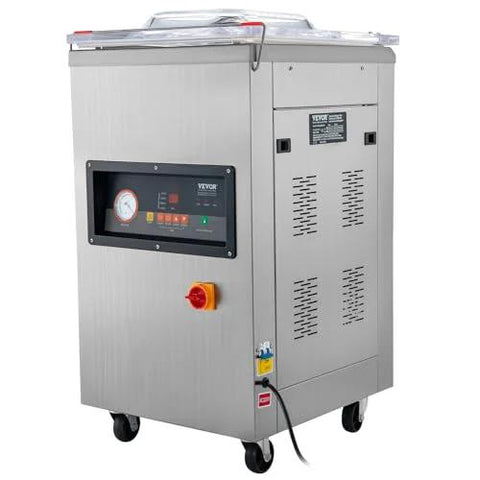 VEVOR chamber vacuum sealer on wheels, stainless steel kitchen appliance with LED screen.