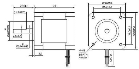 Technical drawing of high torque Nema 17 stepper motor dimensions 42x42x39mm for 3D printers and CNC setups.