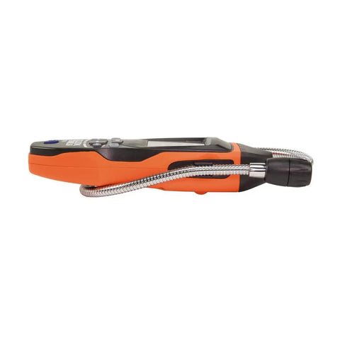 Side view of Gas Leak Detector Tester with 18 inch gooseneck for combustible gas from 50 to 10000 ppm, orange and black design.