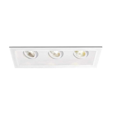 Triple LED Recessed Downlights With New Construction Housing And Trim 3000K Warm White fixture with three adjustable lights.