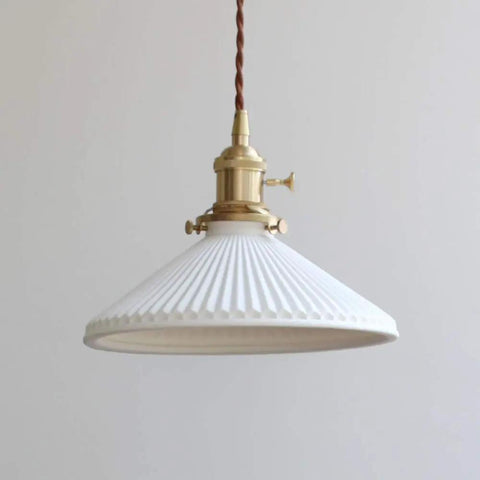 White Ceramic E26 Pendant Light, Modern Minimalist Ceiling Lamp For Dining Room, Living Room, Bedroom, Bar And Cafe, Adjustable Hanging Wire, UL Listed, Easy Install, Sleek Contemporary Chandelier, featuring ribbed ceramic shade and brass fixture, emphasizing elegant minimalist design.