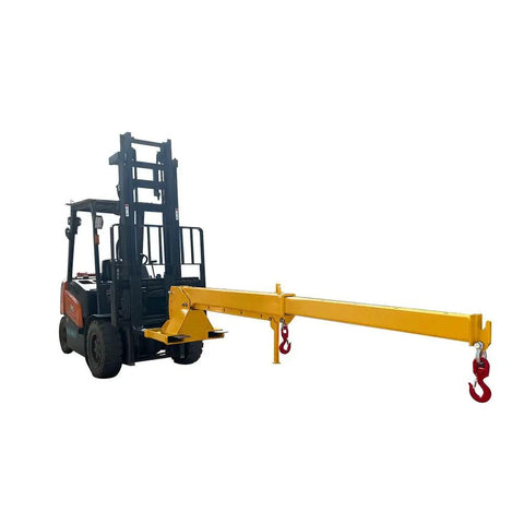 Beefy 6600 LB Forklift Jib Boom Crane Attachment With Extra Tough Steel Body And Hella Flexible 0 To 75 Degree Adjustable Tilt For Warehouse Factory Or Construction Lifting Hook mounted on a forklift.