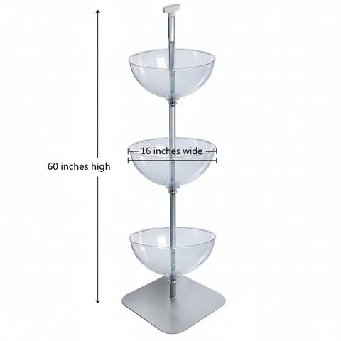 3 Tier Bowl Organizer Floor Standing Display Rack With Flat Base, Mobile Merch Stand For Retail, 60 inches tall