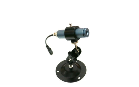 Slick Plug And Play Water Resistant 650nm Red Line Laser Module With Adjustable Beam And Mount Stand Ace Portable Alignment Tool on a black base.
