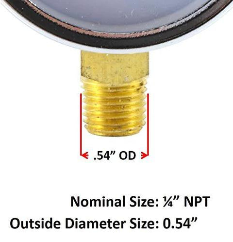 Front view of brass 1/4 in NPT pressure gauge connector, 0.54 in outside diameter