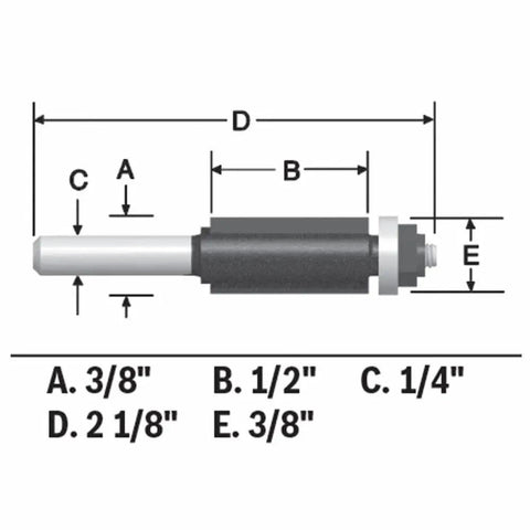 Diagram of Carbide Tipped 2 Flute Flush Trim Bit, 3/8 In Shank By 1/2 In Cutting Diameter with dimensions labeled
