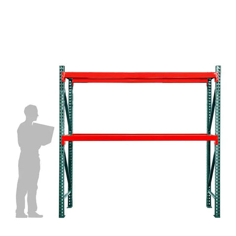 Heavy Duty 2 Tier Pallet Rack Starter Unit 42 By 144 By 96 Inches Rustproof Steel Rack Rig with red beams for warehouse storage.