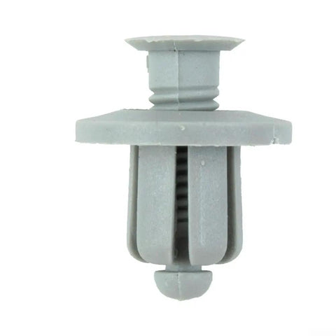 Close-up of a grey nylon rivet from Go To Plastic Fastener Clips Kit With Nylon Rivets 100 Pieces For Trunk Bumper Door Panels Engine Cover