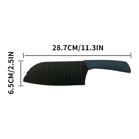 Potato veggie crinkle cutter, side view; ribbed black blade and blue handle, Amazon kitchen tool