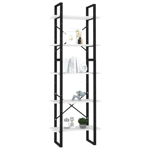Front view of Go-To Industrial 5 Tier White Book Cabinet With Black Metal Frame, open shelving showcasing decor and books.
