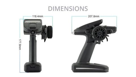 MT12 Open Source Surface Radio with ExpressLRS Receiver dimensions showing front and side views for RC cars and boats