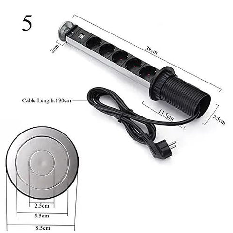 Slick Retractable Table Socket With Dual USB Ports And Six Standard Outlets Smooth Glide Design For Office Desks And Kitchen Countertops showing measurements and cable.