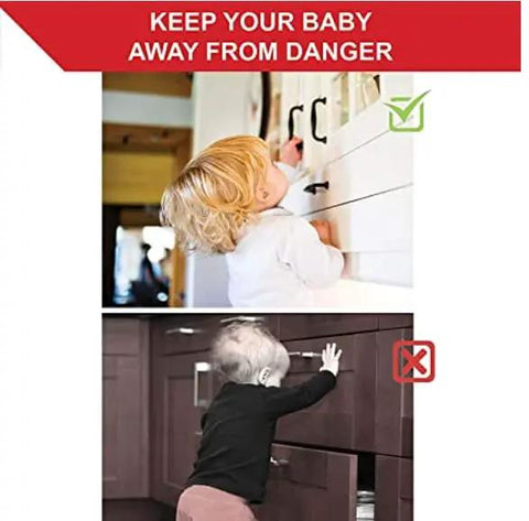 Image showing two babies with safety tips; one safely reaching for hooks, the other accessing dangerous cabinet drawers.